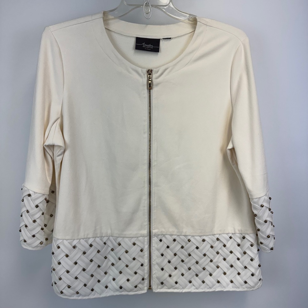 Chicos Travelers Collection Jacket Womens XL Cream Zip Front Basketweave Studded